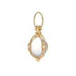 An 18k yellow gold classic amulet with rock crystal and diamonds, viewed from the front against a white background.