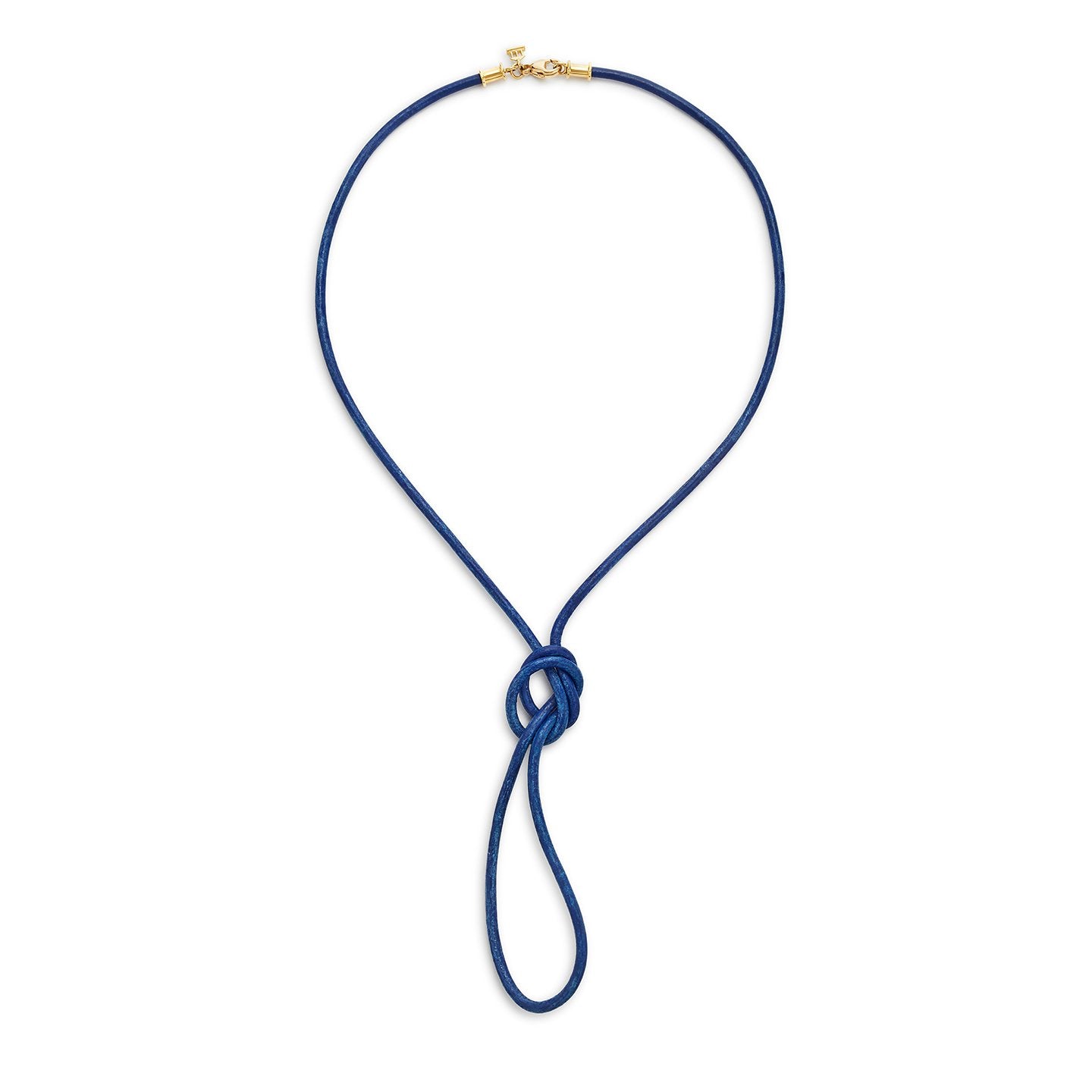 A blue leather cord necklace with a gold clasp and a knot detail 