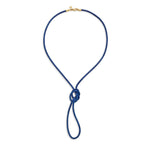 A blue leather cord necklace with a gold clasp and a knot detail 