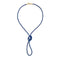 A blue leather cord necklace with a gold clasp and a knot detail 