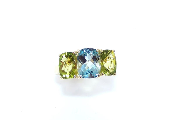 18KT, Blue Topaz and Peridot Ring