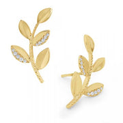 14k Yellow Gold and Diamond Modern Large Leaf Earrings