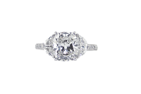 Platinum Cushion Cut Diamond with Half Moon Diamond Side Stones