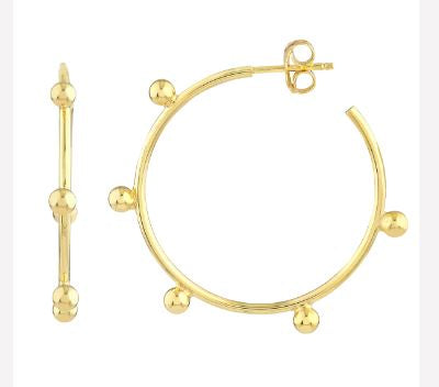 A pair of 14k yellow gold small beaded wire post hoop earrings.