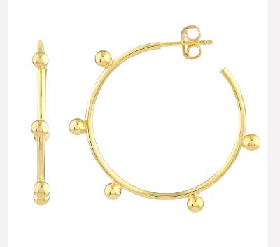 A pair of 14k yellow gold small beaded wire post hoop earrings.