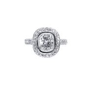 Cushion Cut Platinum and Diamond Ring with Pave Halo