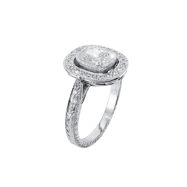 Cushion Cut Platinum and Diamond Ring with Pave Halo