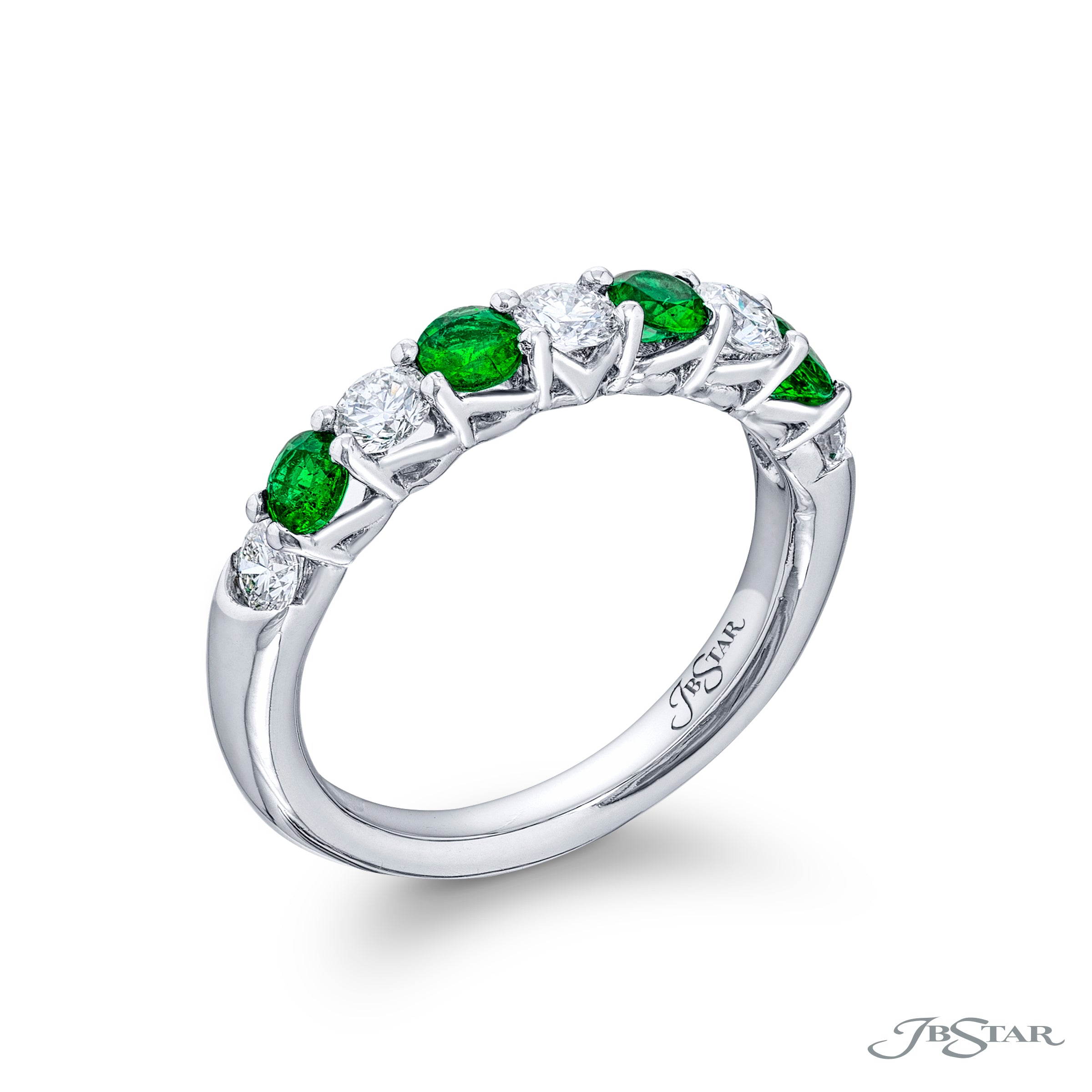 JB Star Platinum Round Diamond and Emerald ring side view